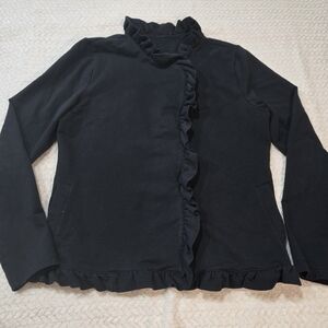 MATILDA JANE Black Ruffle Cardigan Jacket Women's Size L Snap Closure Cotton